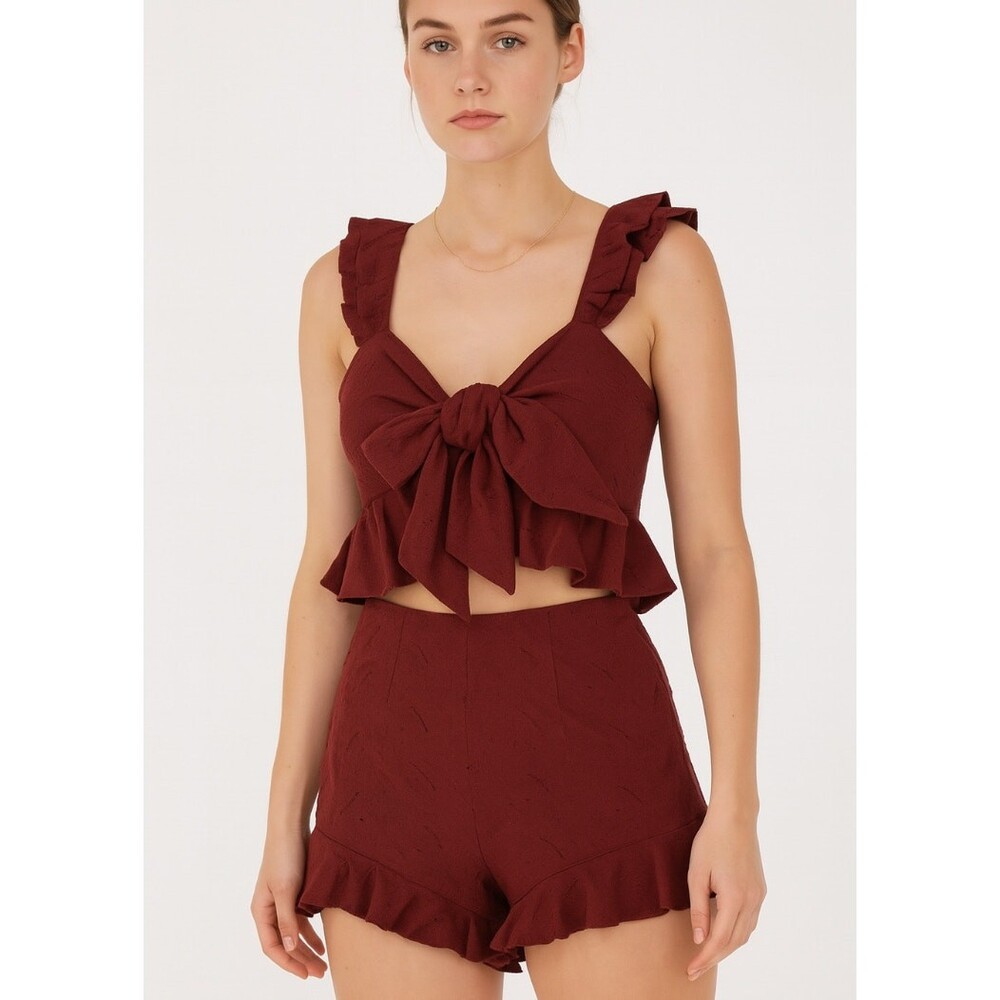 Eyelet Embroidery Ruffle Trim Knot Front Cami Top & Shorts Set SZ 4 chocolate